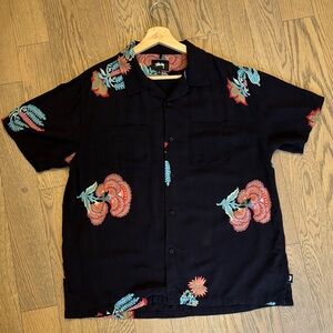 Stussy Navy Shirt with Vibrant Floral Accents